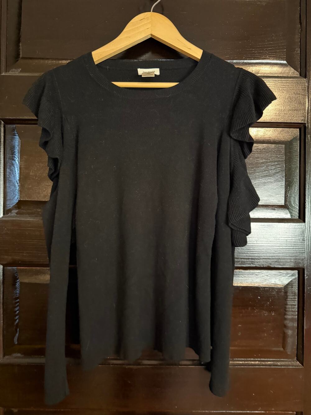 Max Studio Black Long Sleeve Knit Sweater Ruffle Shoulder Detail XS